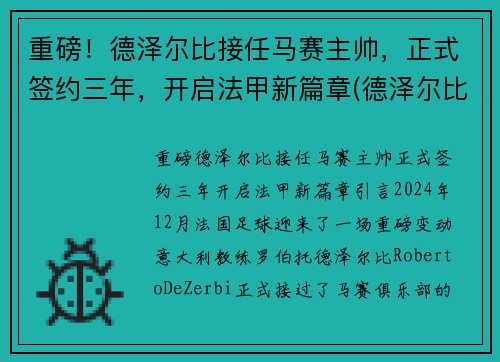 重磅！德泽尔比接任马赛主帅，正式签约三年，开启法甲新篇章(德泽尔比 战术)